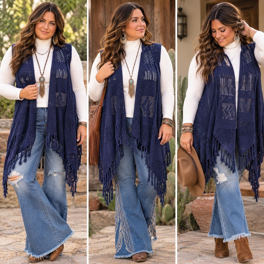 NWT Lane Bryant Navy Blue Crochet Fringe Vest Boho Layer Plus Size 18/20